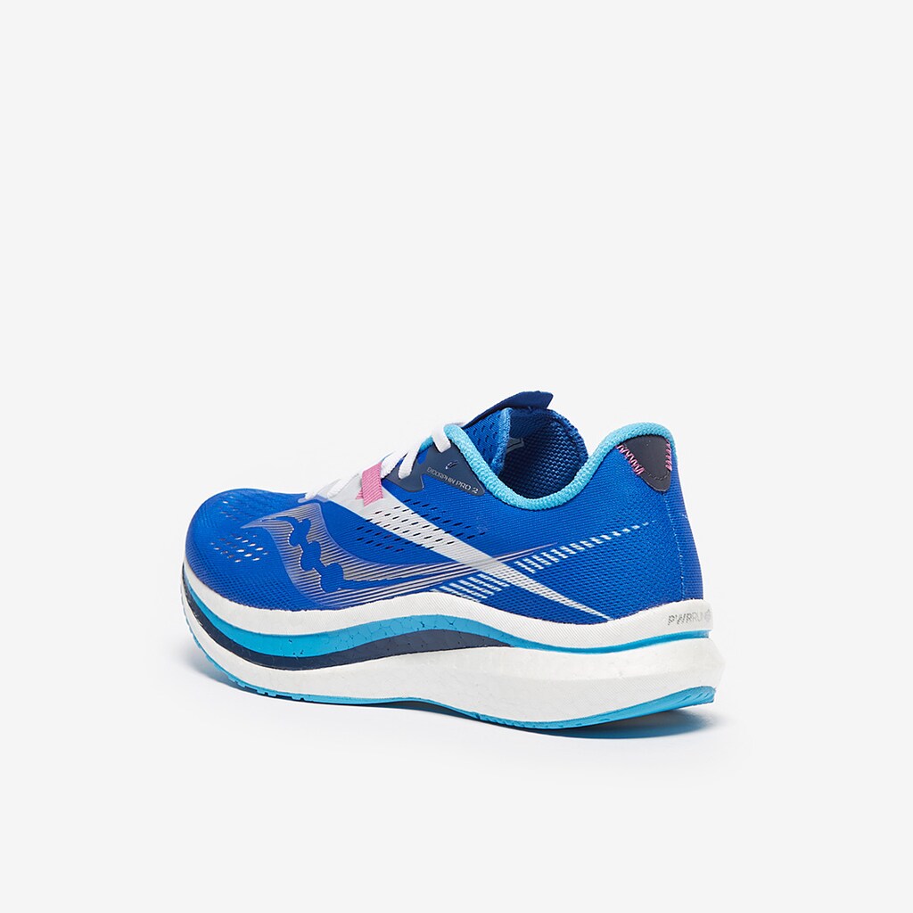 Women's Saucony Endorphin Pro 2. Blue upper. White midsole. Lateral/rear view.