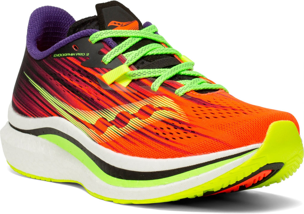 Women's Saucony Endorphin Pro 2. Red/Black upper. White midsole. Lateral view.