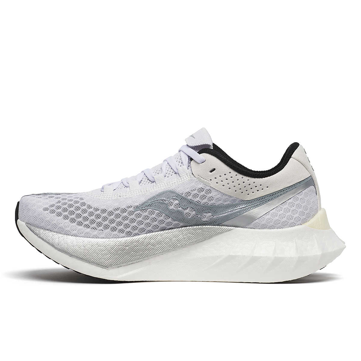 Women's Saucony Endorphin Pro 4. White upper. White midsole. Medial view.
