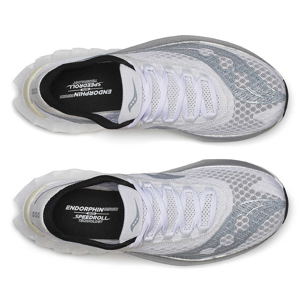 Women's Saucony Endorphin Pro 4. White upper. White midsole. Top view.