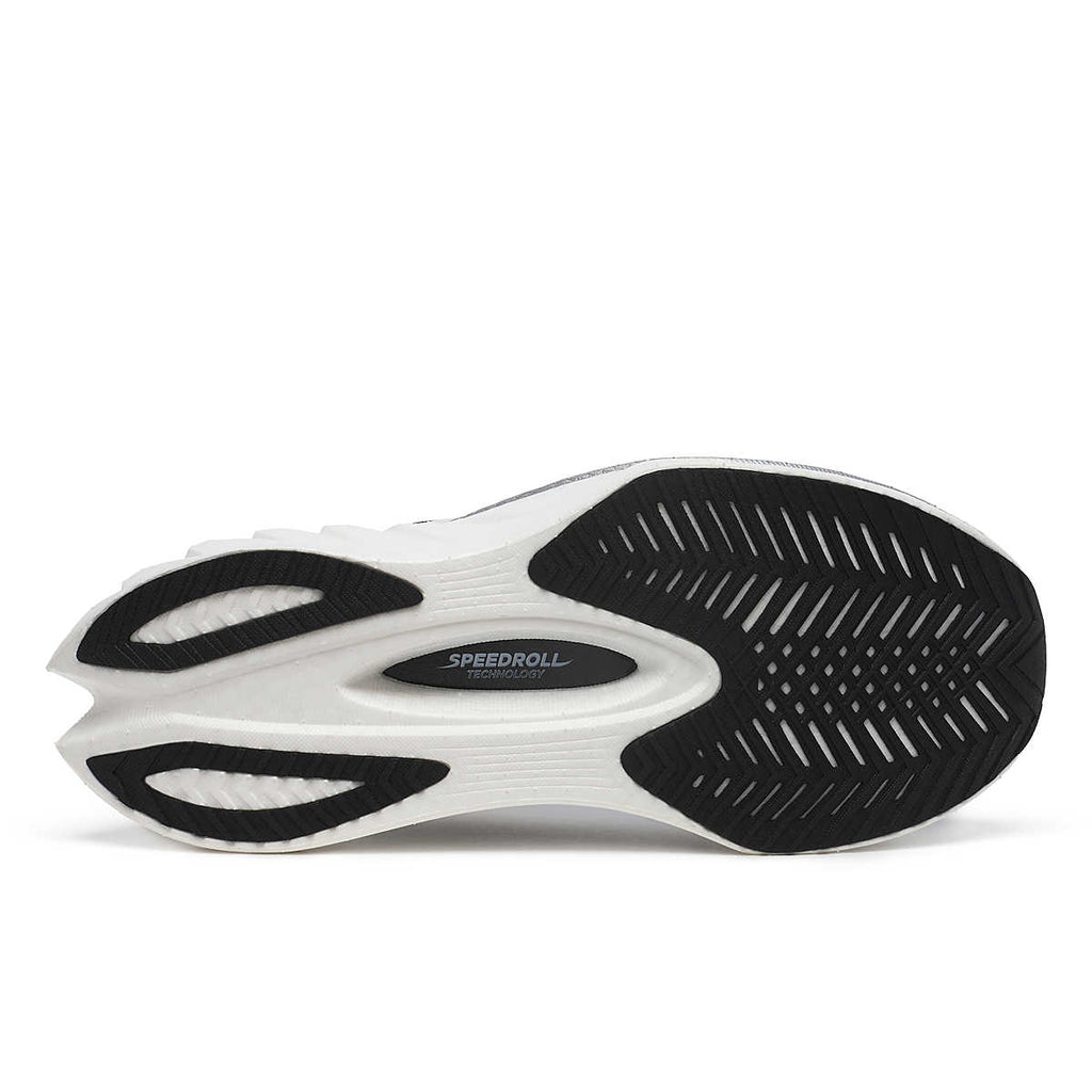 Women's Saucony Endorphin Pro 4. White upper. White midsole. Bottom view.