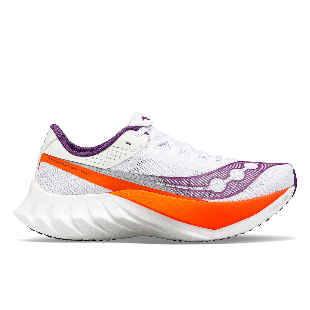 Women's Saucony Endorphin Pro 4. White upper. White midsole. Lateral view.