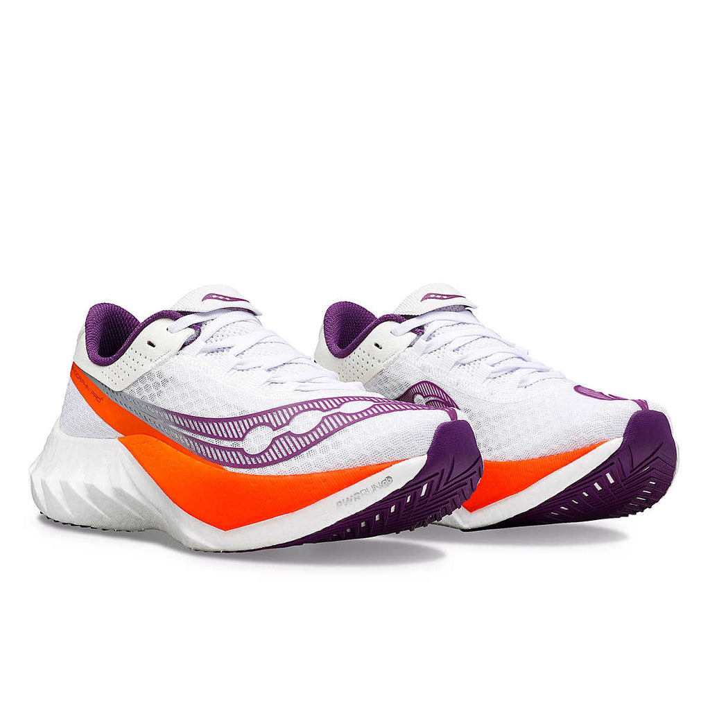 Women's Saucony Endorphin Pro 4. White upper. White midsole. Lateral view.