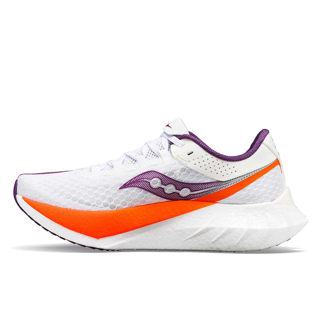 Women's Saucony Endorphin Pro 4. White upper. White midsole. Medial view.