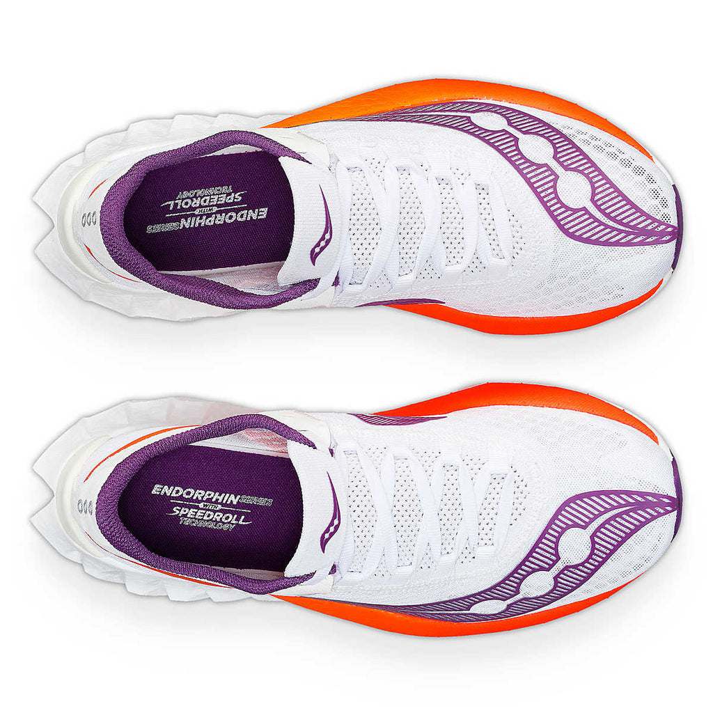 Women's Saucony Endorphin Pro 4. White upper. White midsole. Top view.