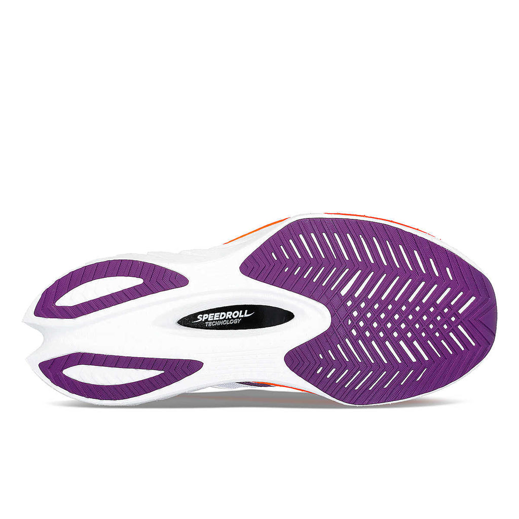 Women's Saucony Endorphin Pro 4. White upper. White midsole. Bottom view.