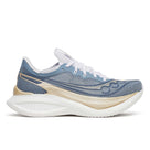 Women's Saucony Endorphin Pro 5. Blue and gold upper. White midsole. Lateral view.
