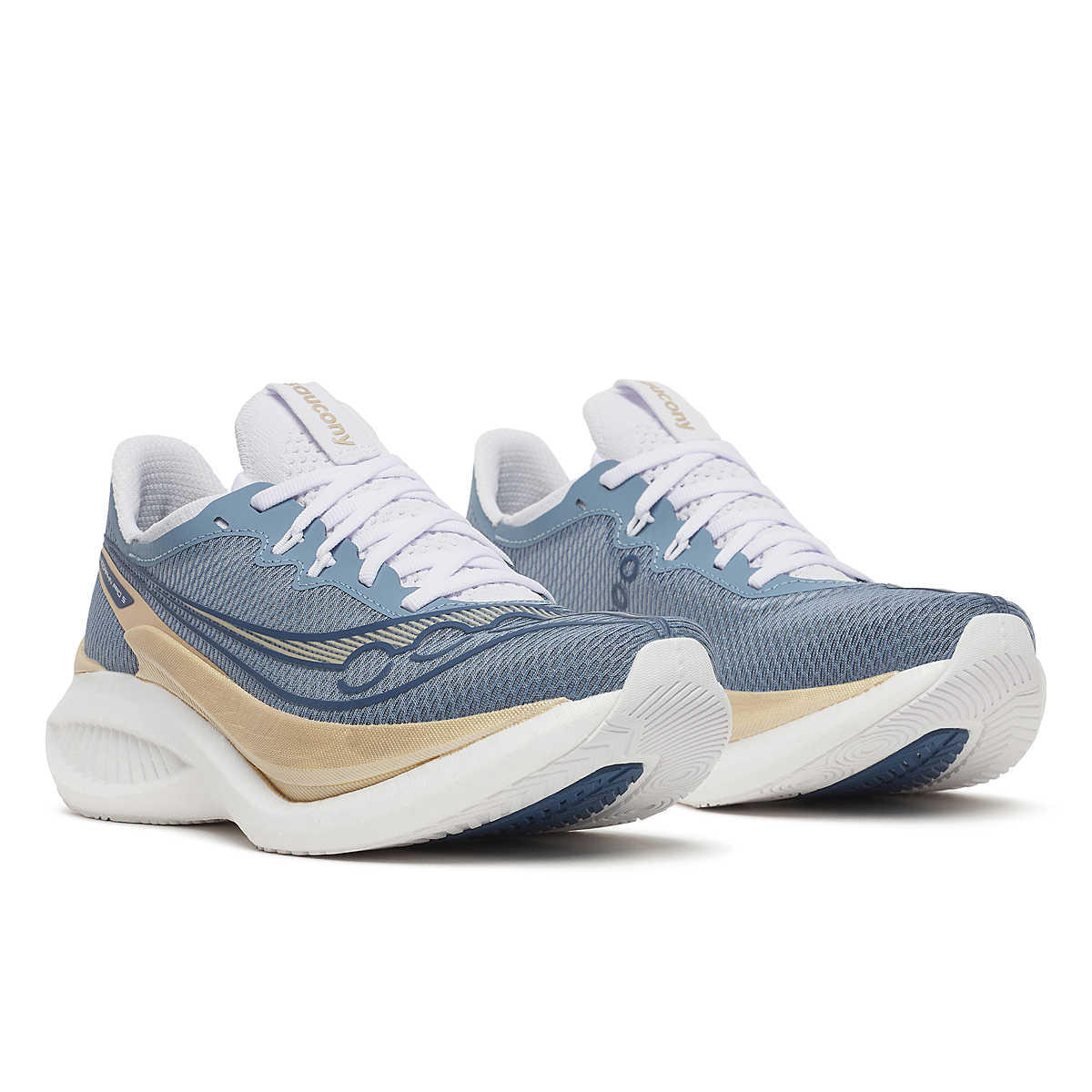 Women's Saucony Endorphin Pro 5. Blue and gold upper. White midsole. Lateral view.