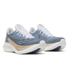 Women's Saucony Endorphin Pro 5. Blue and gold upper. White midsole. Lateral view.