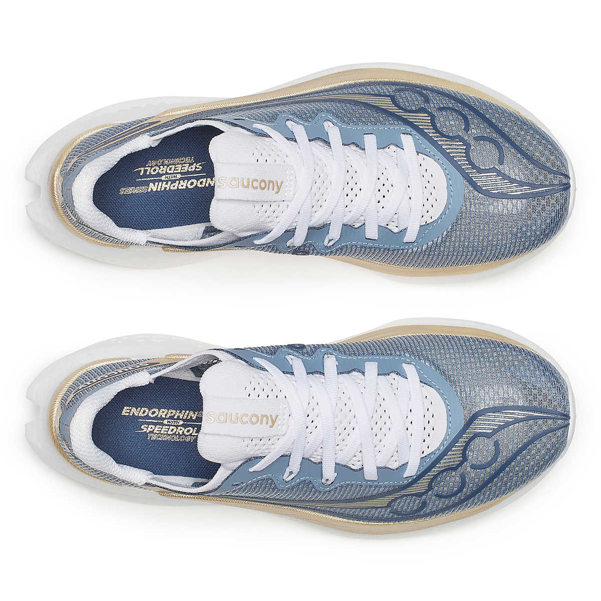 Women's Saucony Endorphin Pro 5. Blue and gold upper. White midsole. Top view.