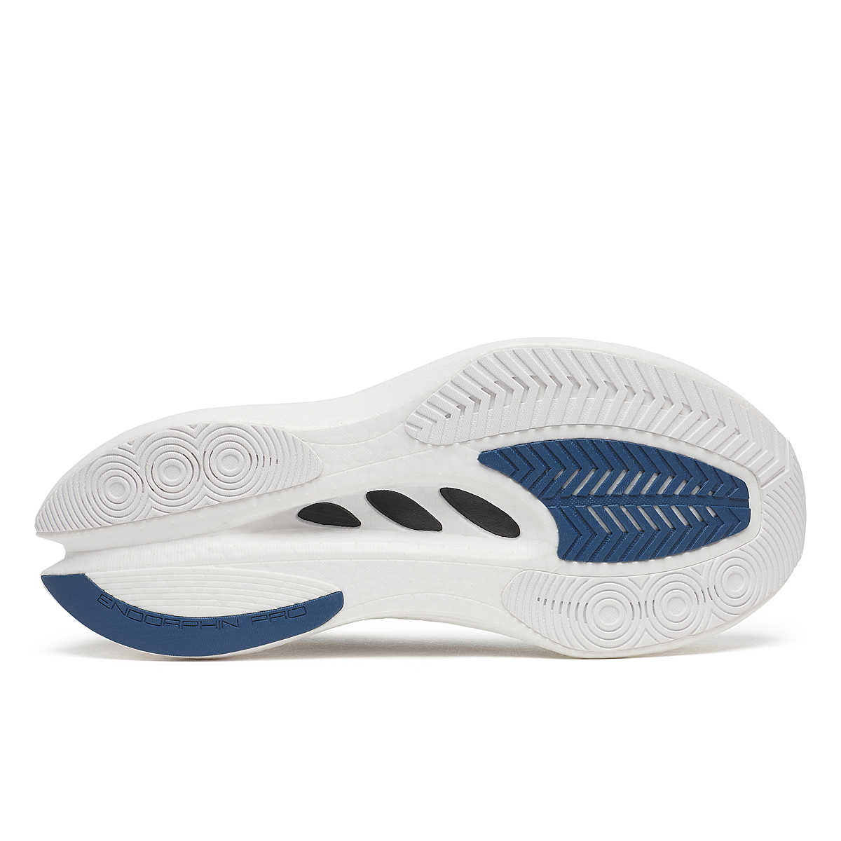 Women's Saucony Endorphin Pro 5. Blue and gold upper. White midsole. Bottom view.