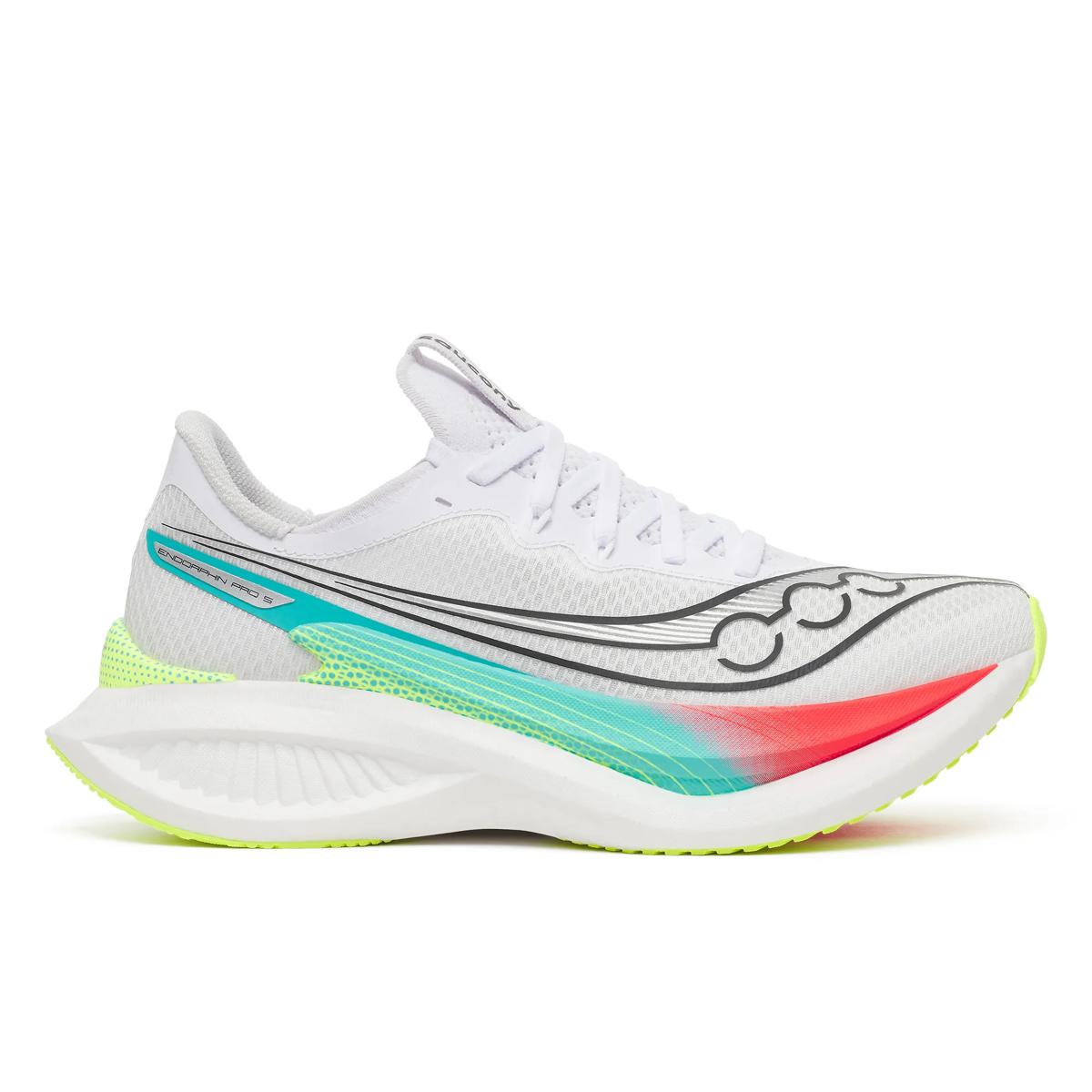 Women's Saucony Endorphin Pro 5. White/Multi. Lateral view.
