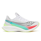 Women's Saucony Endorphin Pro 5. White/Multi. Lateral view.
