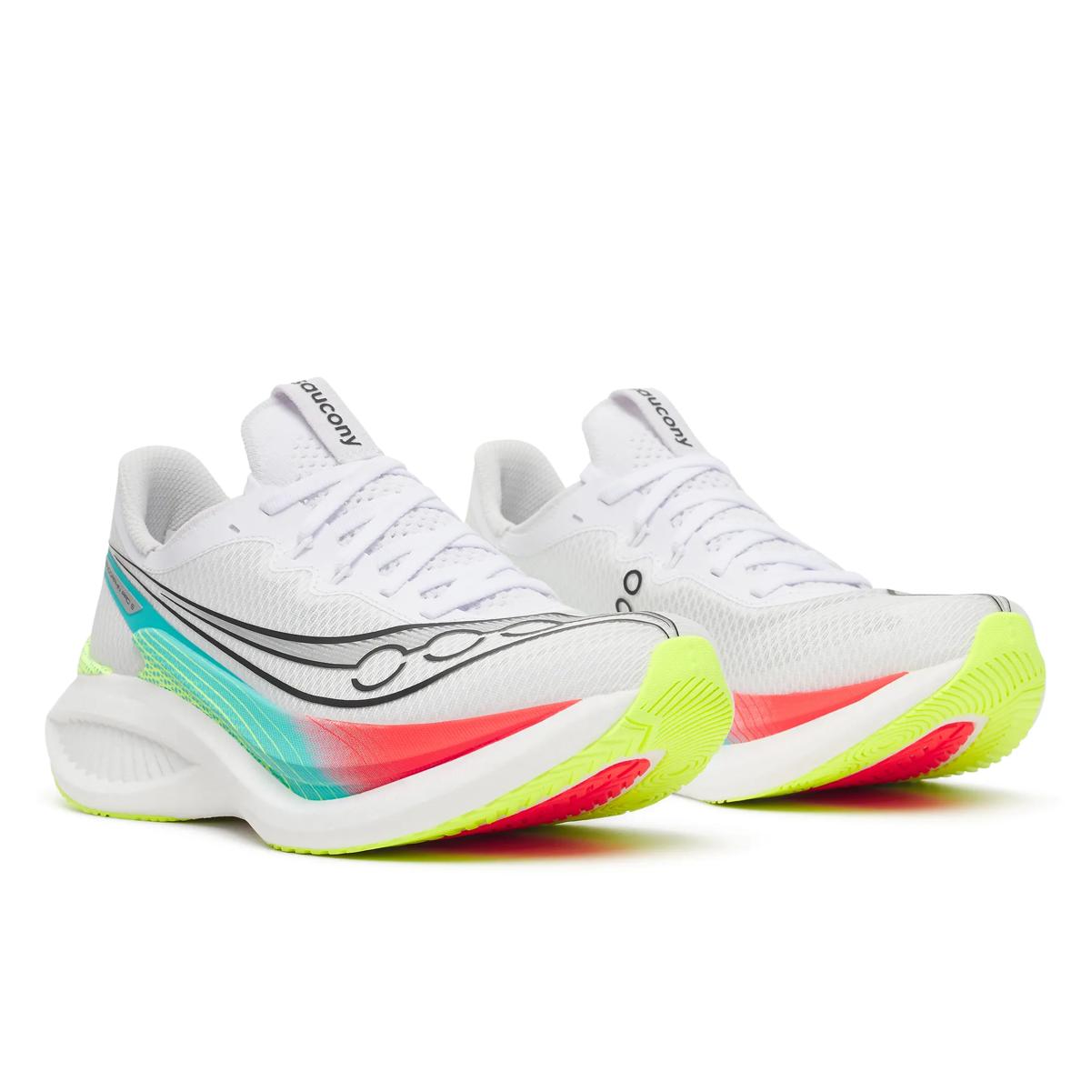 Women's Saucony Endorphin Pro 5. White/Multi. Lateral view.