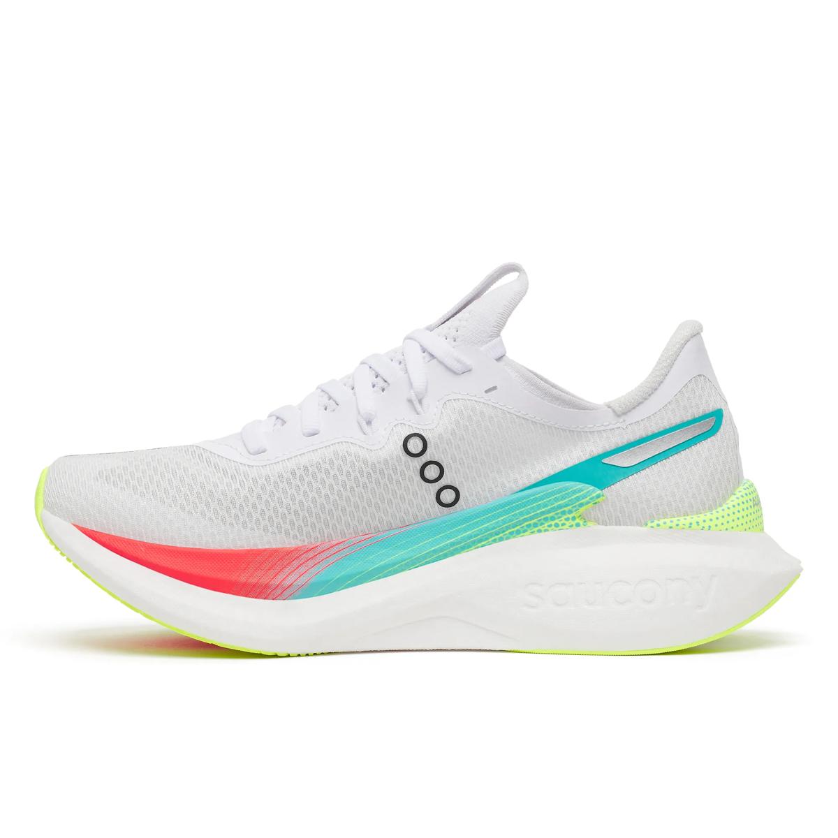 Women's Saucony Endorphin Pro 5. White/Multi. Medial view.