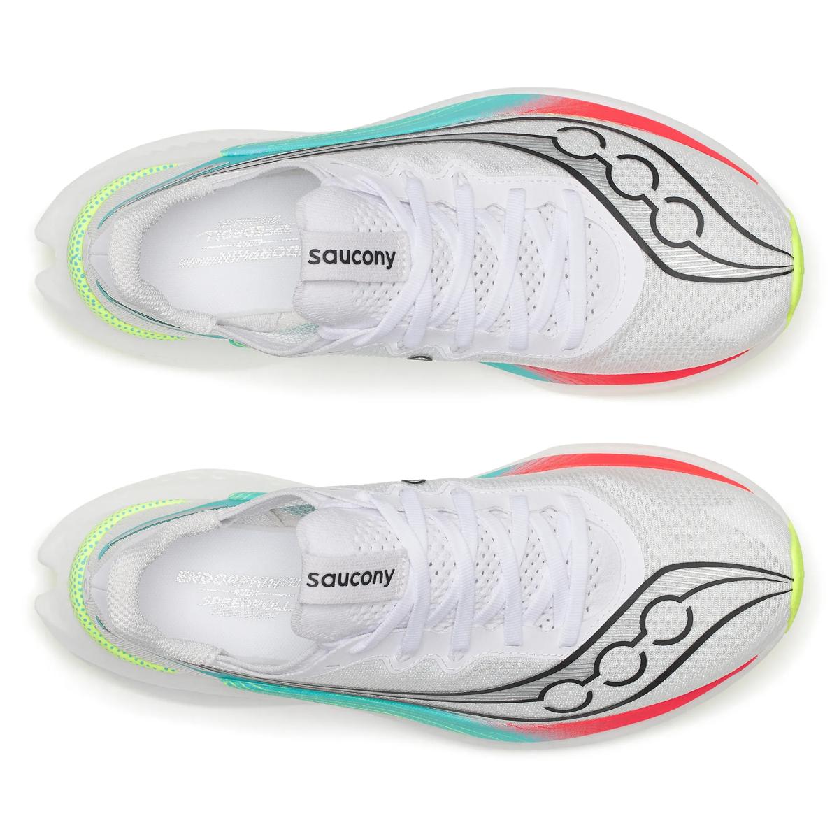 Women's Saucony Endorphin Pro 5. White/Multi. Top view.