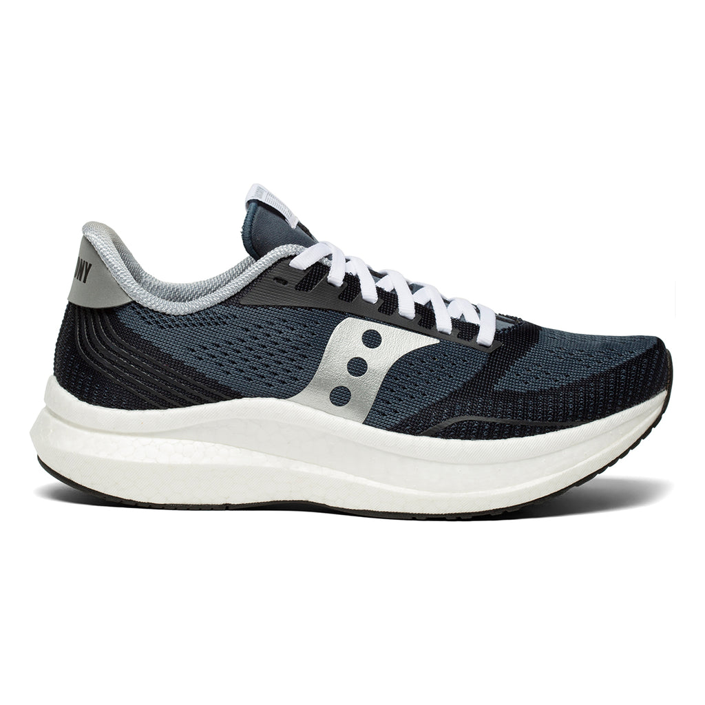 Women's Saucony Endorphin Pro. Black/Navy upper. White midsole. Lateral view.