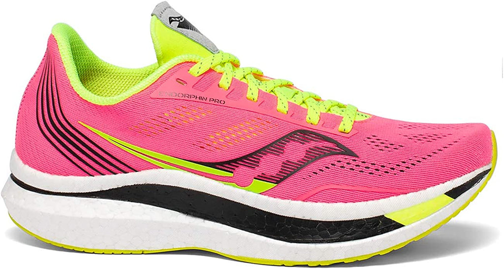 Women's Saucony Endorphin Pro. Pink upper. White/Black midsole. Lateral view.