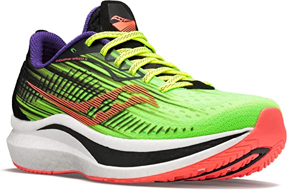 Women's Saucony Endorphin Speed 2. Green/Black upper. White midsole. Lateral view.