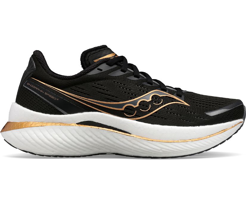 Women's Saucony Endorphin Speed 3. Black upper. White midsole. Lateral view.