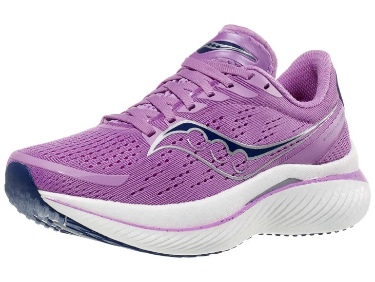 Women's Saucony Endorphin Speed 3. Purple upper. White midsole. Lateral view.