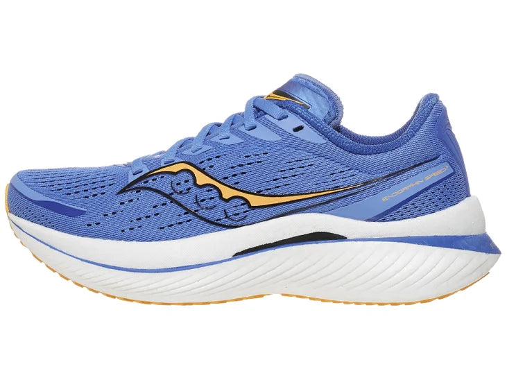 Women's Saucony Endorphin Speed 3. Blue upper. White midsole. Lateral view.