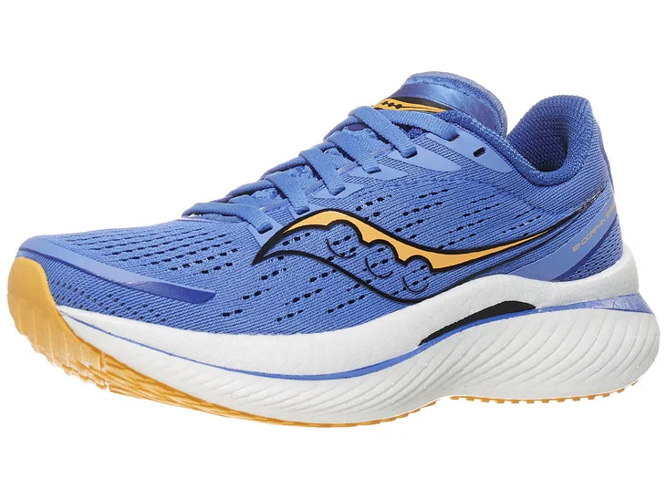 Women's Saucony Endorphin Speed 3. Blue upper. White midsole. Lateral view.