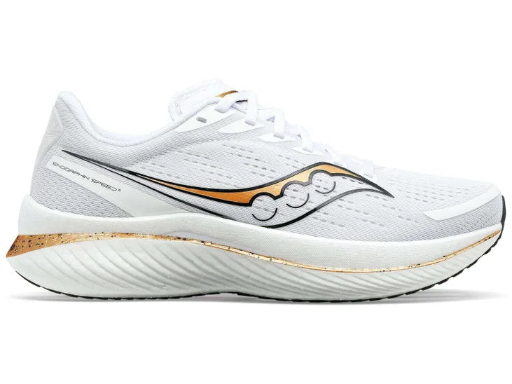 Women's Saucony Endorphin Speed 3. White upper. White midsole. Lateral view.