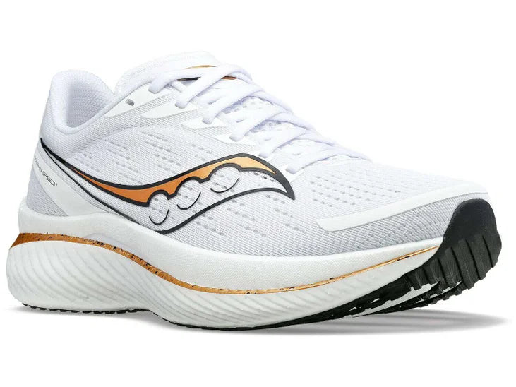 Women's Saucony Endorphin Speed 3. White upper. White midsole. Lateral view.