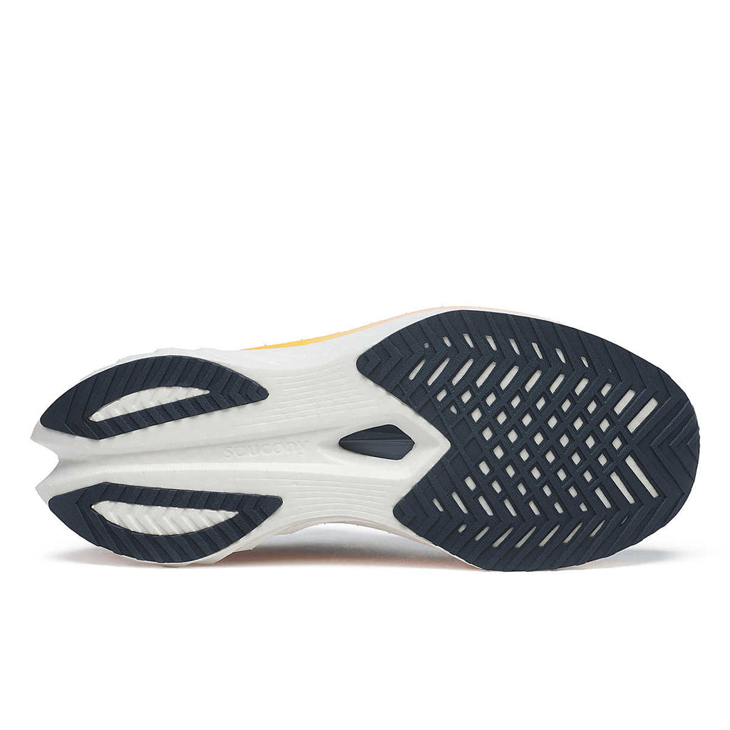 Women's Saucony Endorphin Speed 4. Dark grey upper. White midsole. Bottom view.