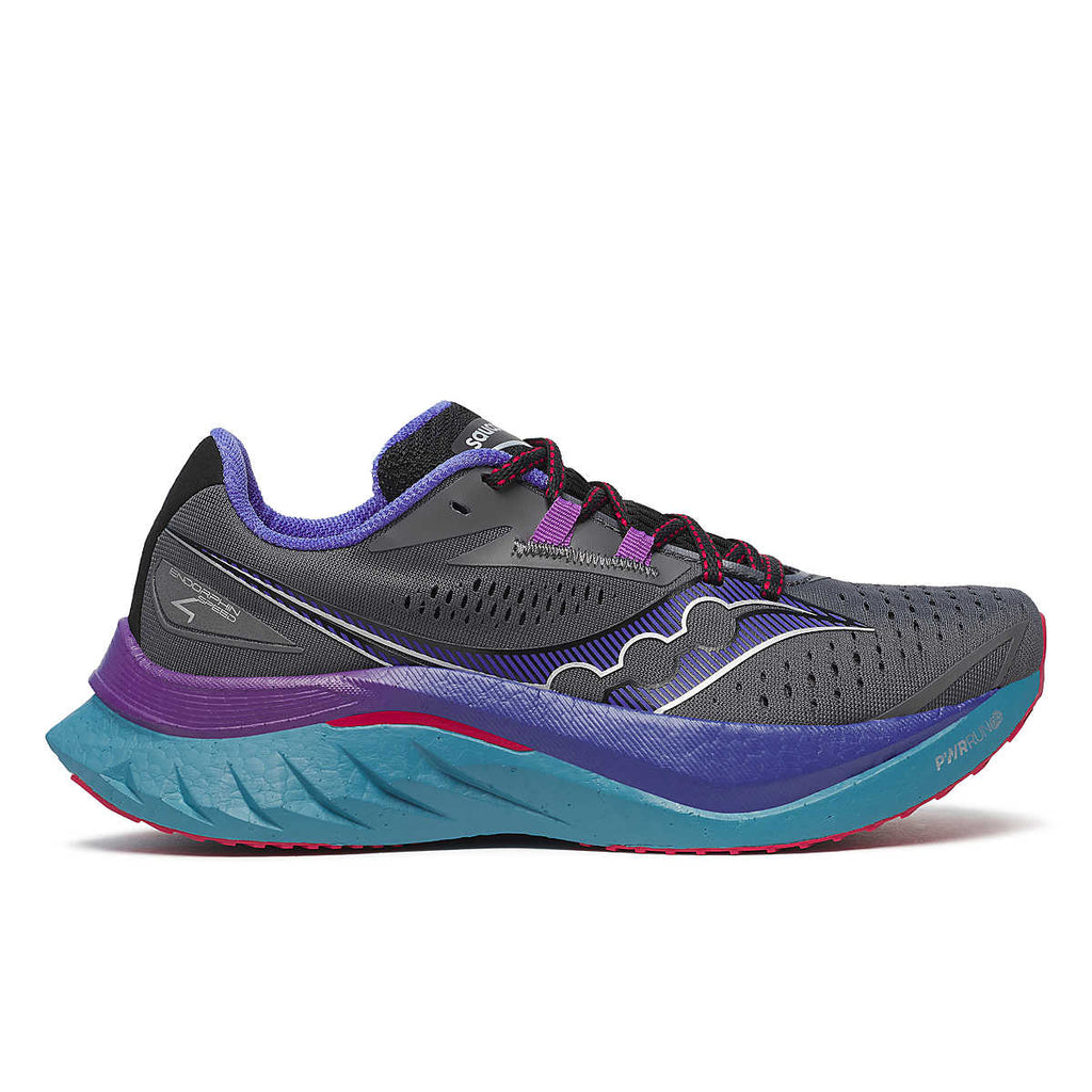 Women's Saucony Endorphin Speed 4. Dark Grey upper. Teal midsole. Lateral view.