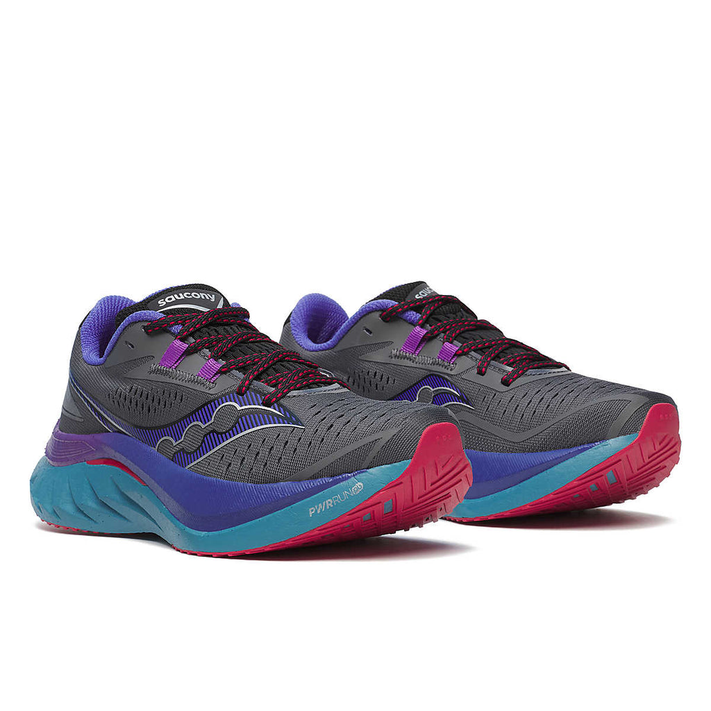 Women's Saucony Endorphin Speed 4. Dark Grey upper. Teal midsole. Lateral view.