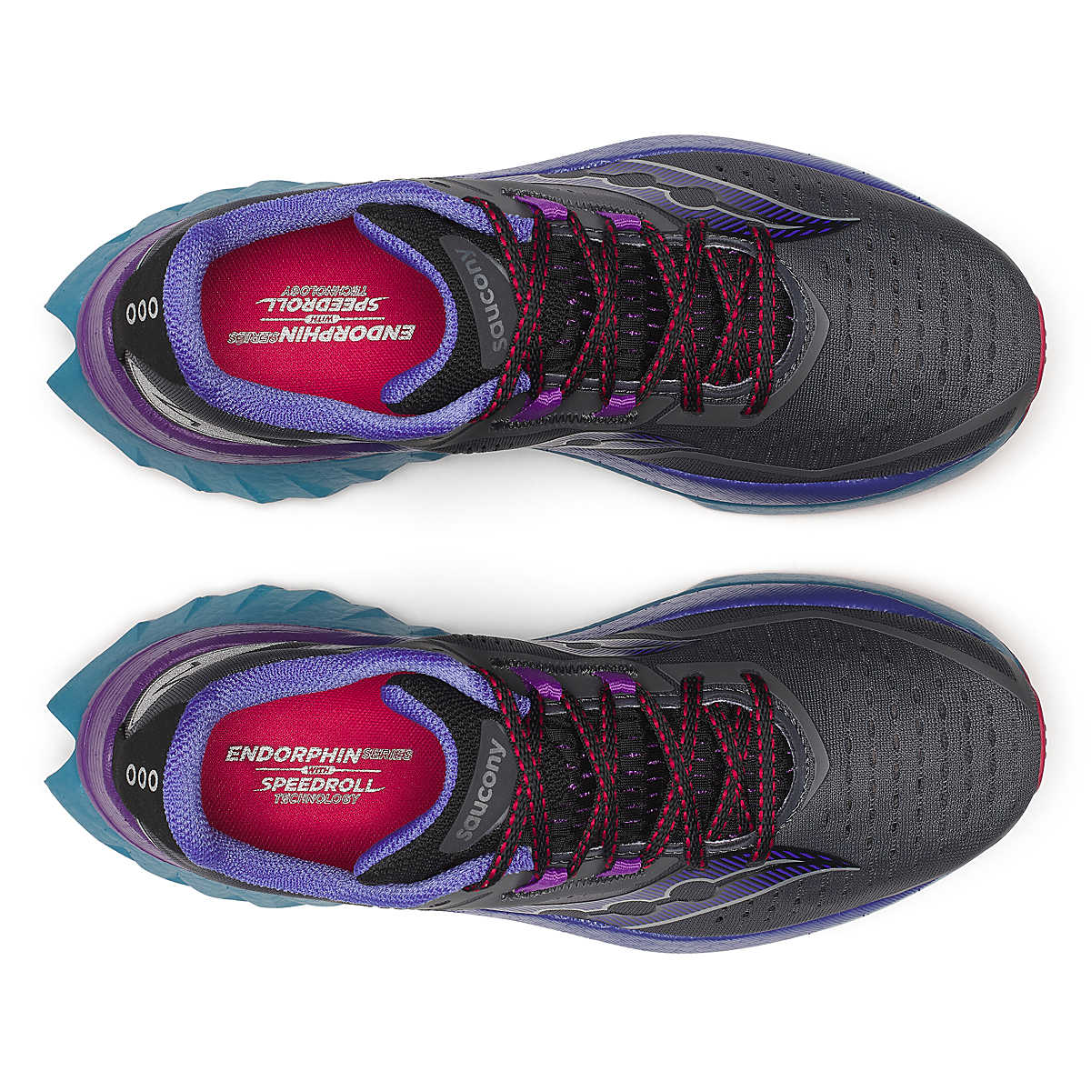 Women's Saucony Endorphin Speed 4. Dark Grey upper. Teal midsole. Top view.