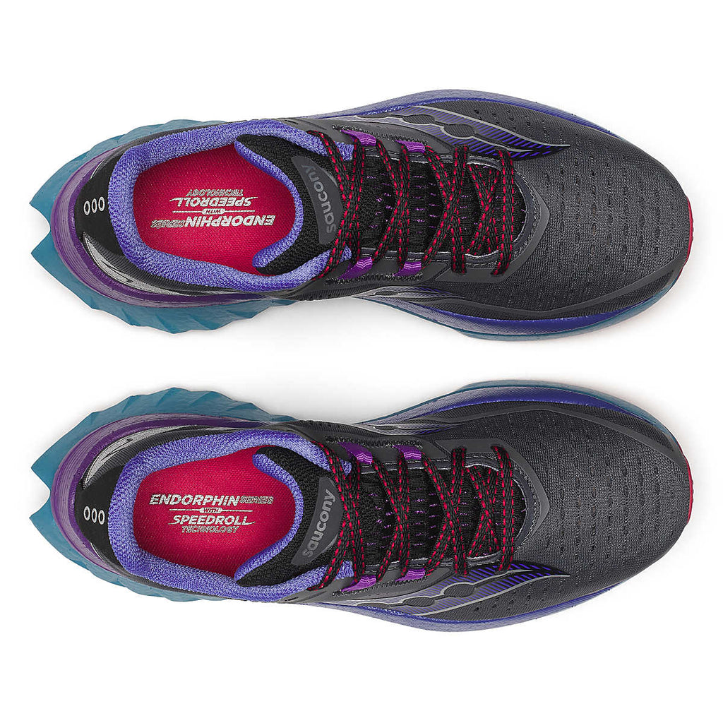 Women's Saucony Endorphin Speed 4. Dark Grey upper. Teal midsole. Top view.