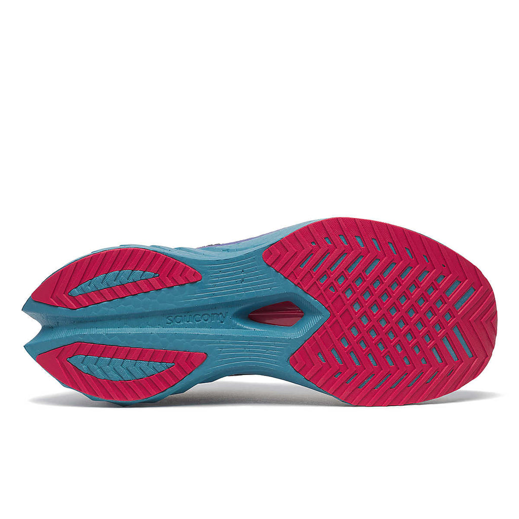 Women's Saucony Endorphin Speed 4. Dark Grey upper. Teal midsole. Bottom view.