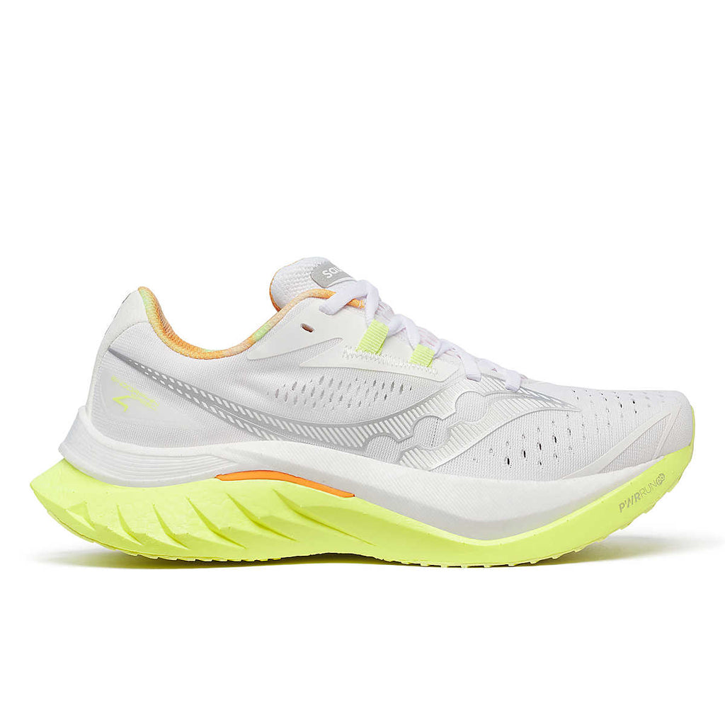 Women's Saucony Endorphin Speed 4. White upper. Yellow midsole. Lateral view.