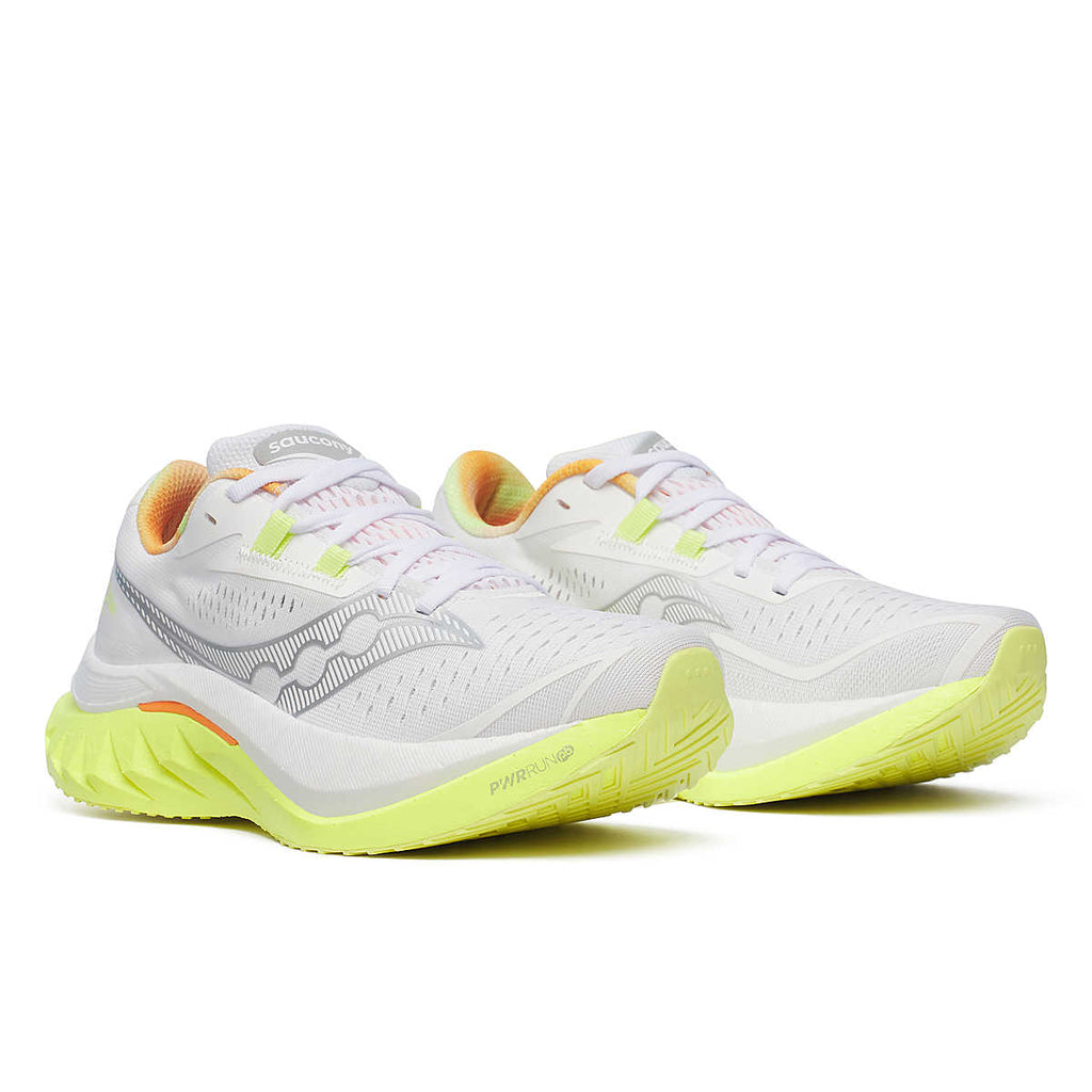 Women's Saucony Endorphin Speed 4. White upper. Yellow midsole. Lateral view.