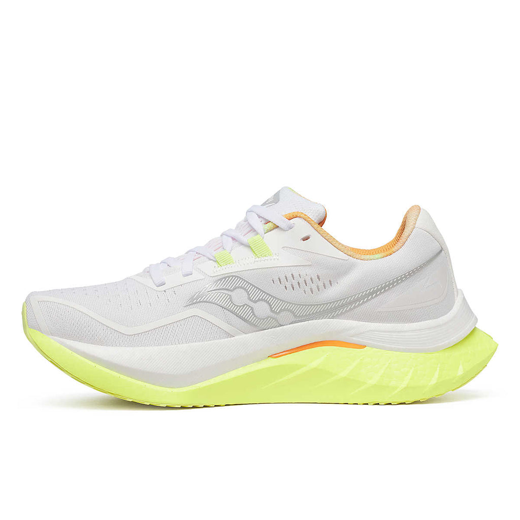 Women's Saucony Endorphin Speed 4. White upper. Yellow midsole. Medial view.