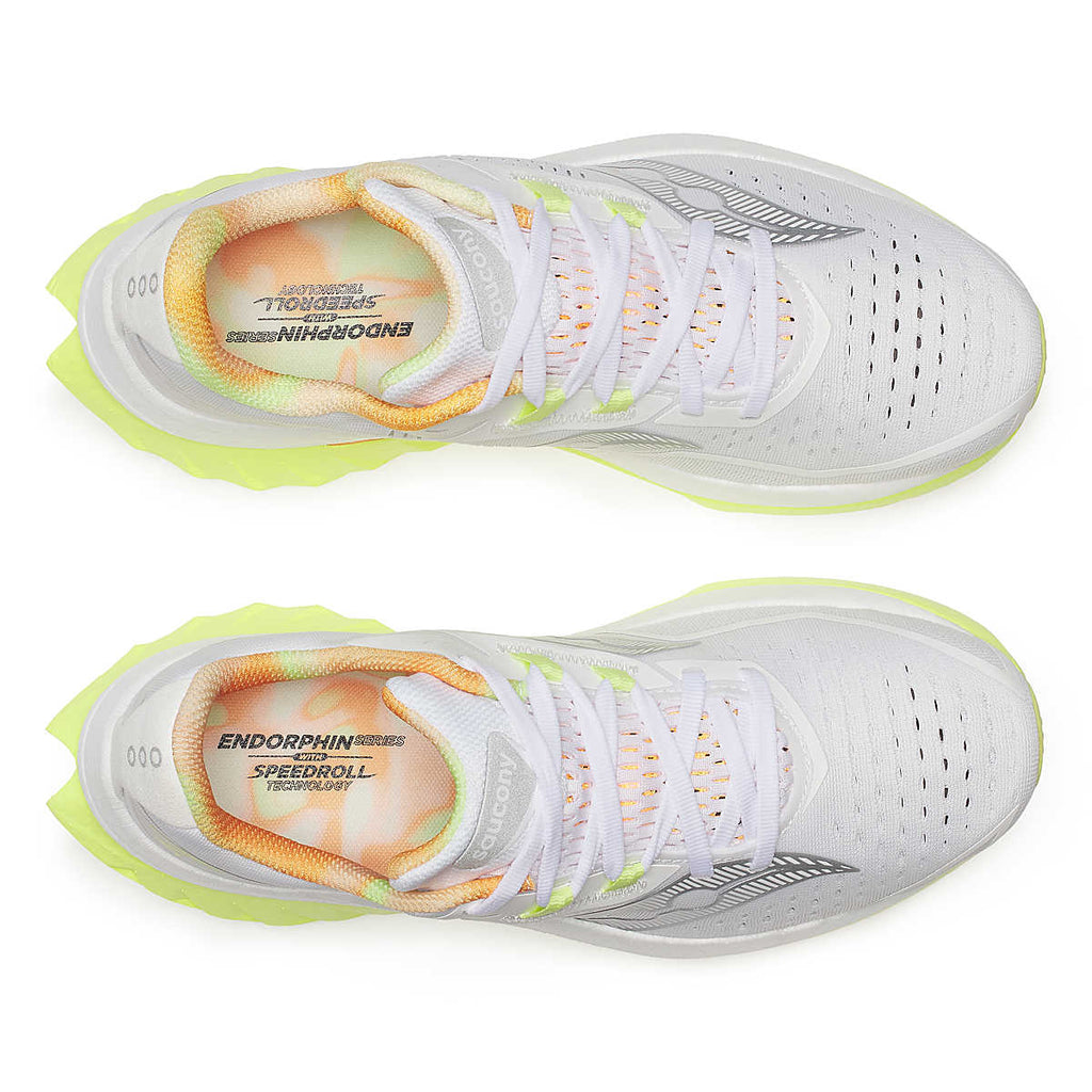 Women's Saucony Endorphin Speed 4. White upper. Yellow midsole. Top view.