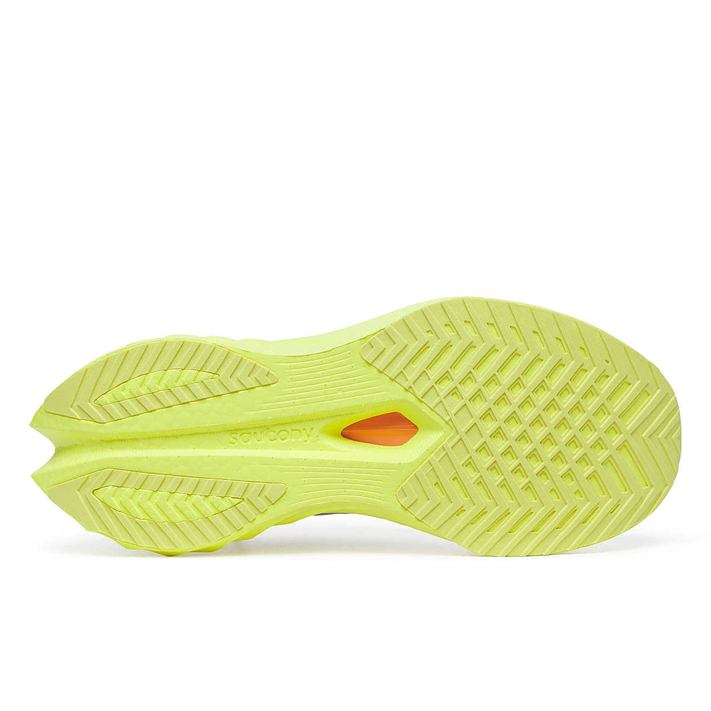 Women's Saucony Endorphin Speed 4. White upper. Yellow midsole. Bottom view.