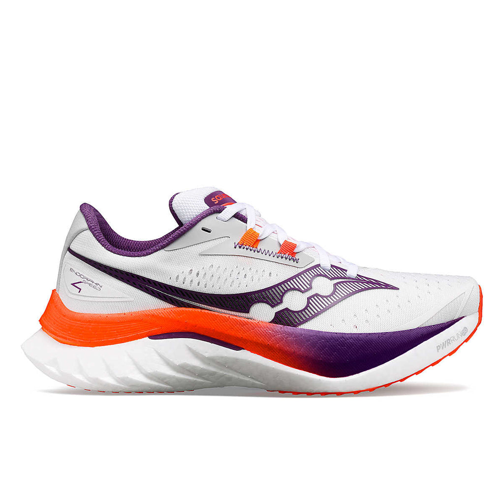 Women's Saucony Endorphin Speed 4. White upper. White midsole. Lateral view.