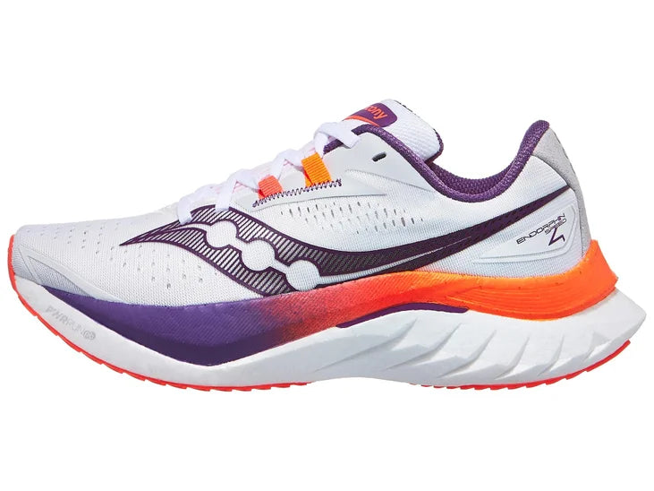 Women's Saucony Endorphin Speed 4. White upper. White midsole. Lateral view.