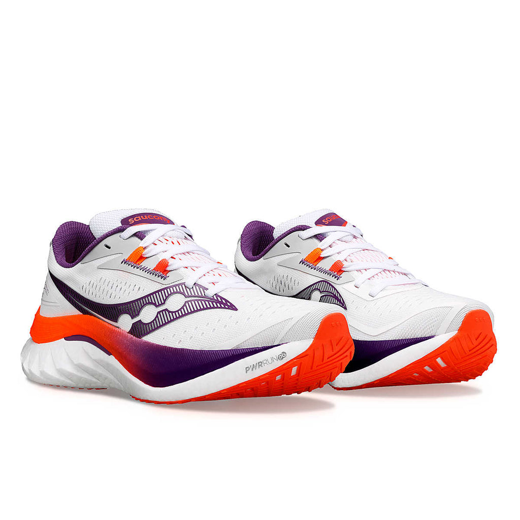 Women's Saucony Endorphin Speed 4. White upper. White midsole. Lateral view.