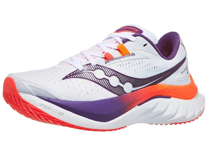 Women's Saucony Endorphin Speed 4. White upper. White midsole. Lateral view.