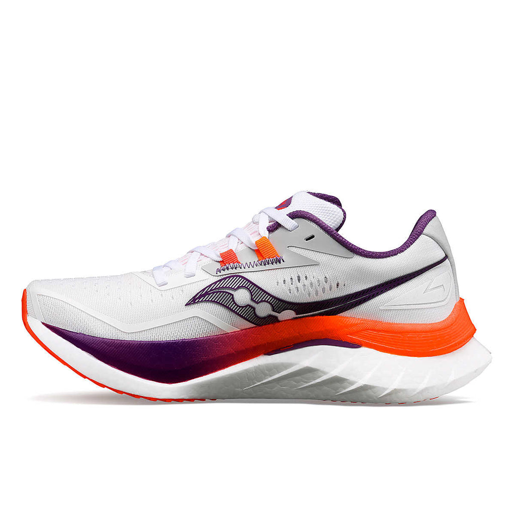 Women's Saucony Endorphin Speed 4. White upper. White midsole. Medial view.