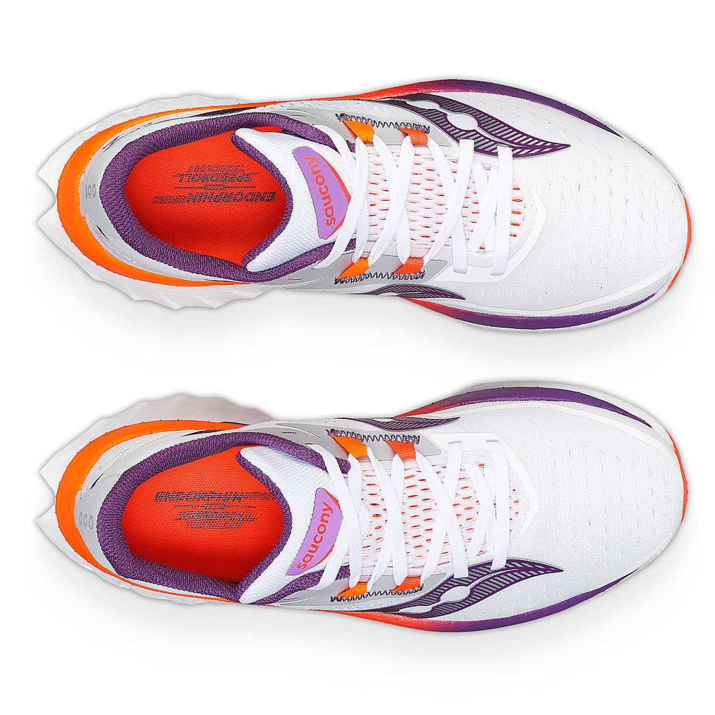 Women's Saucony Endorphin Speed 4. White upper. White midsole. Top view.