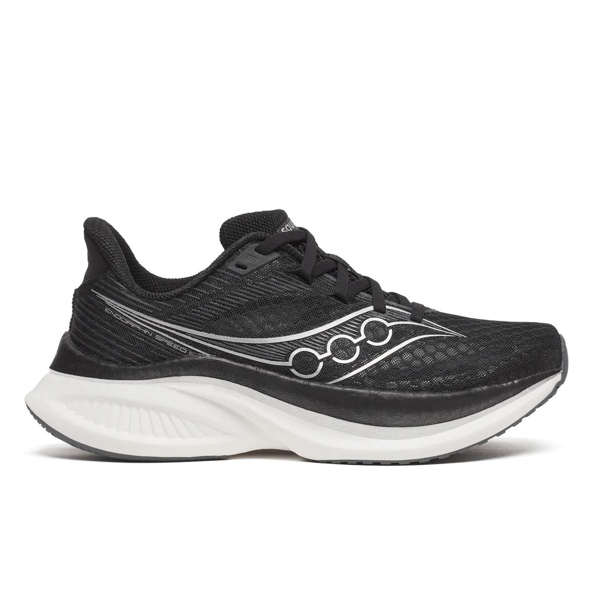Women's Saucony Endorphin Speed 5. Black/White. Lateral view.