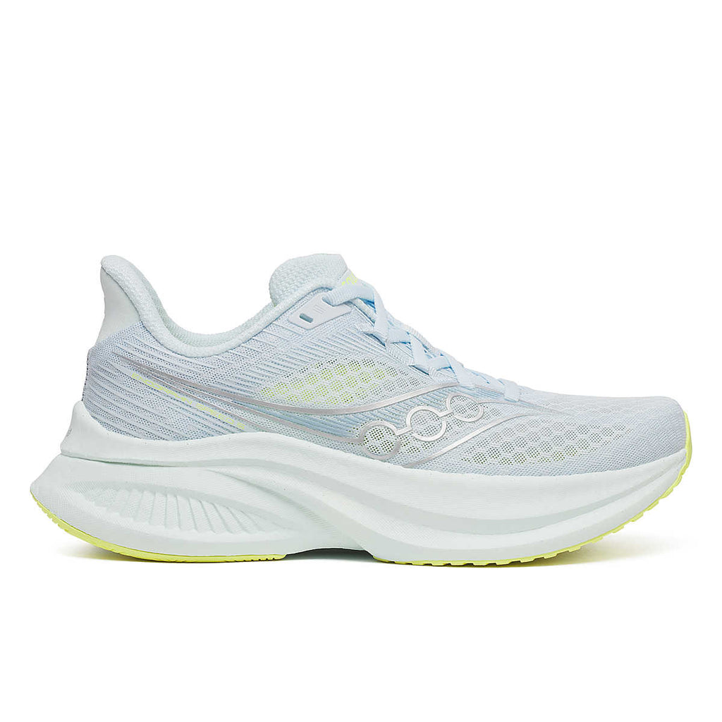 Women's Saucony Endorphin Pro 4. Light Blue upper. White midsole. Lateral view.