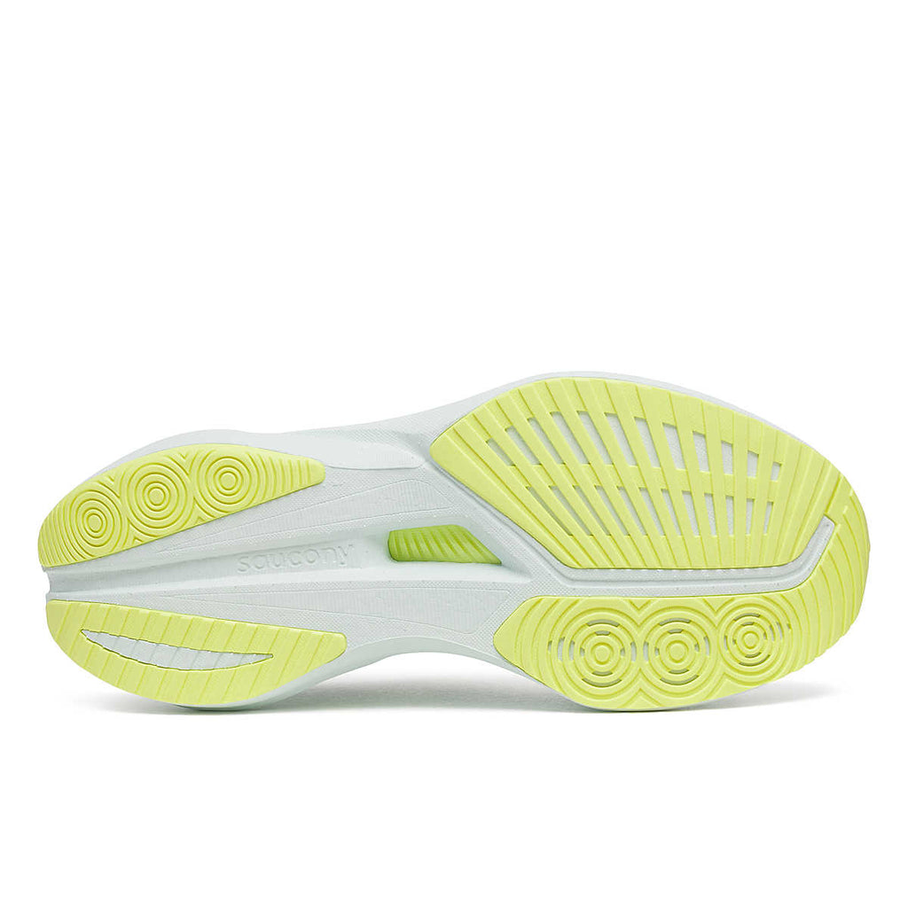 Women's Saucony Endorphin Pro 4. Light Blue upper. White midsole. Bottom view.