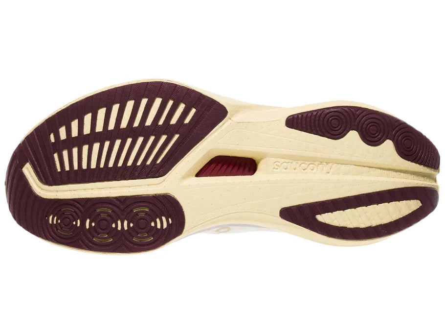 Women's Saucony Endorphin Speed 5. Ivory/Maroon. Outsole view.